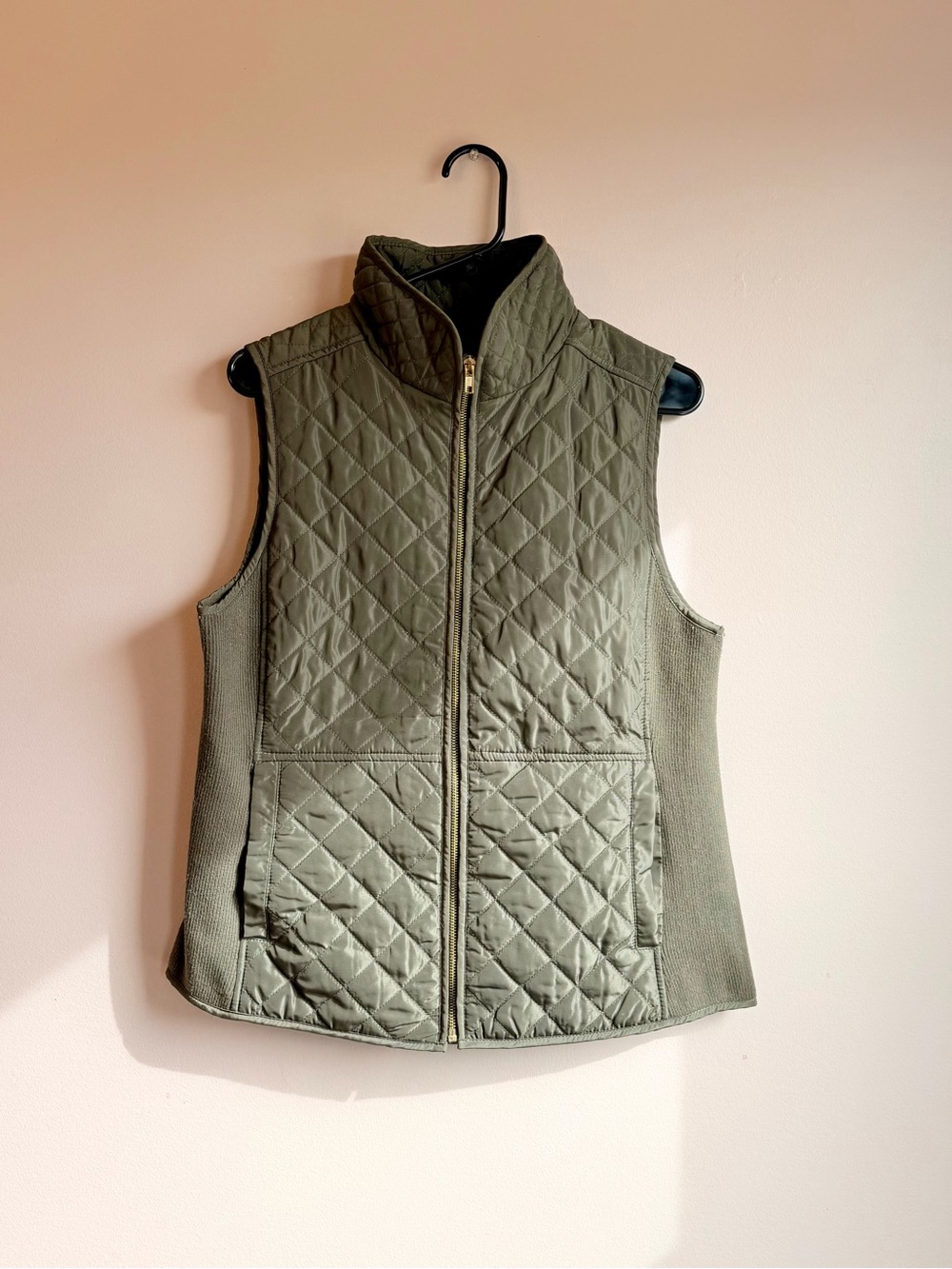 British Khaki Quilted Olive Vest with Stand Collar